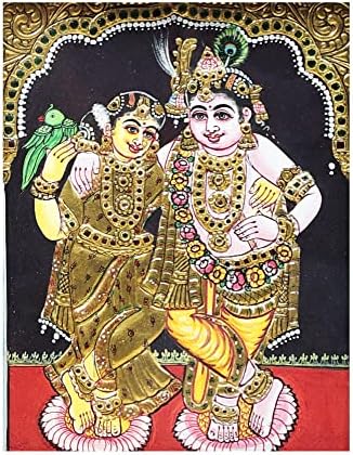 הודו האקזוטי 10 x 12 לורד קרישנה ורדה טנג'ור ציור | צבעים מסורתיים עם זהב 24 קראט | פראם עץ טיק